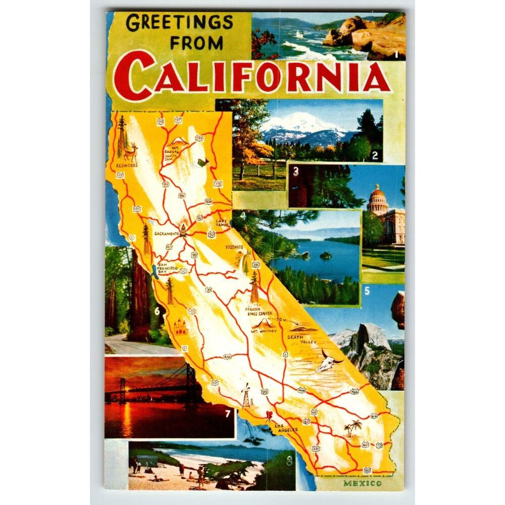 Greetings From California Map Postcard Chrome State Unused Coast Beaches Lakes